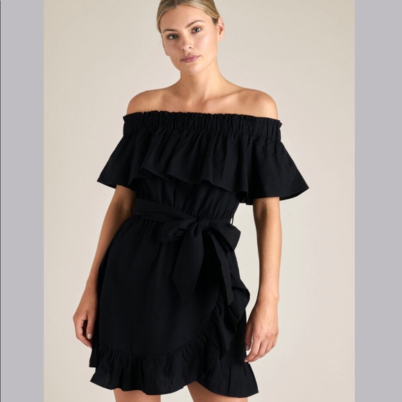 SEED HERITAGE Black ‘Off Shoulder Frill dress’, cotton linen blend, wrap, Size 6 - Picture 3 of 16